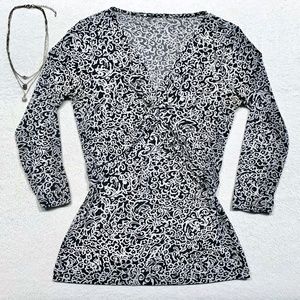 Dark blue & gray wrap blouse with tie back